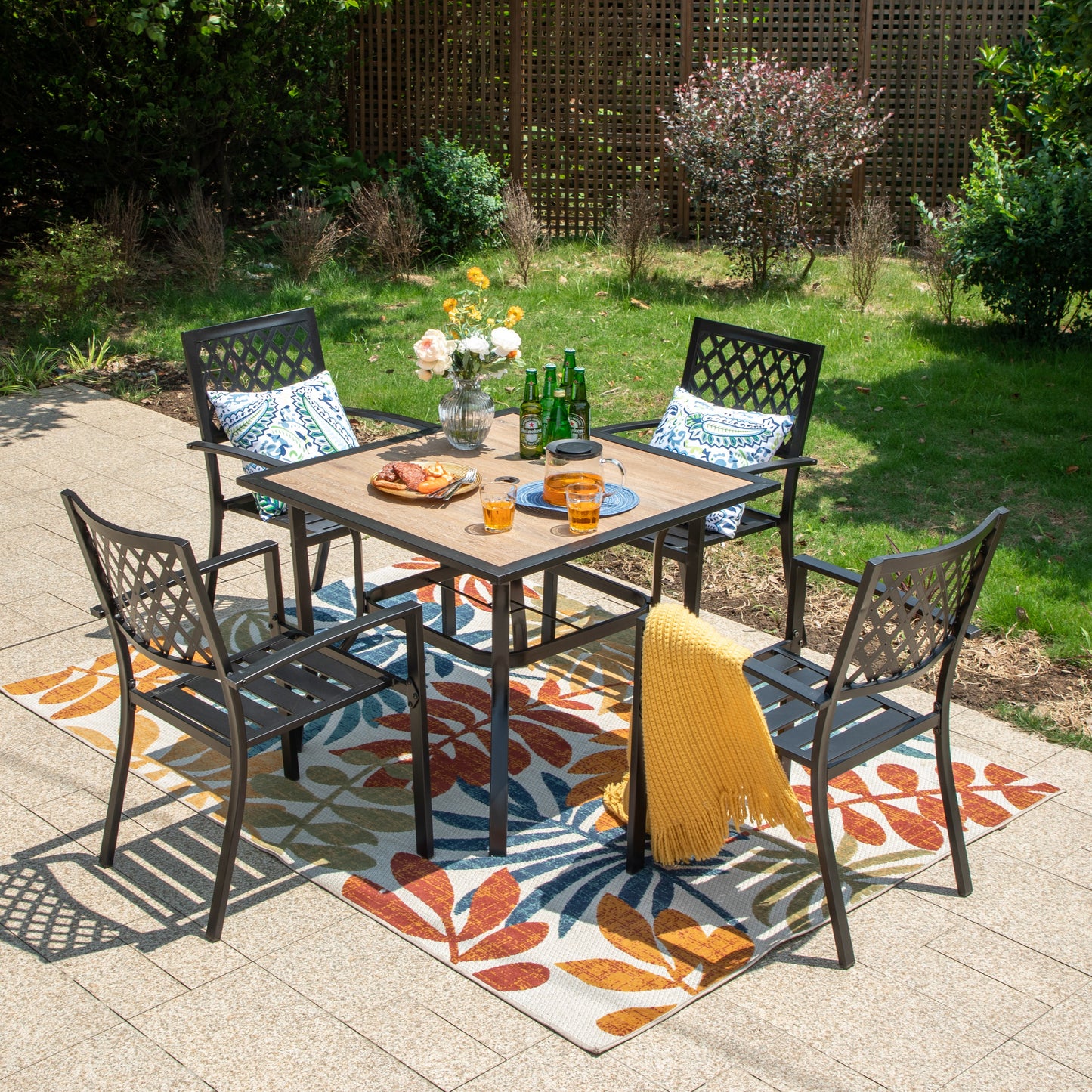 PHI VILLA Outdoor Dining Sets 4 Seater Metal Garden Table and Chairs