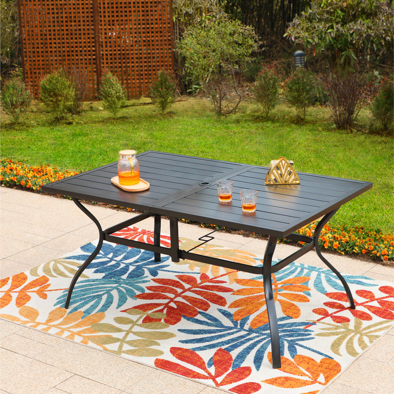 Outdoor Metal Dining Table with Umbrella Hole 6 Seaters PHI VILLA Outdoor garden table