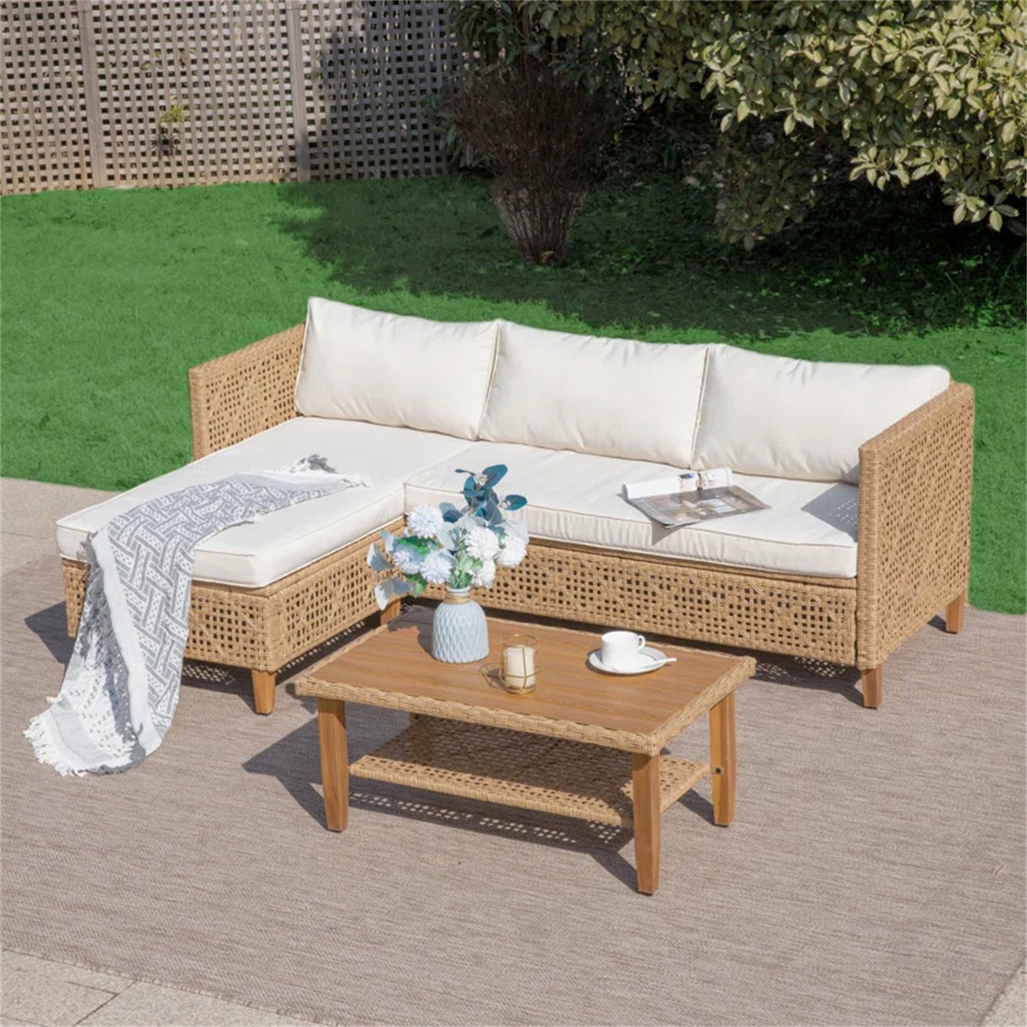 Boho Style Outdoor Wicker Conversation Sofa set with Acacia Wood Coffee Table - Phi Villa
