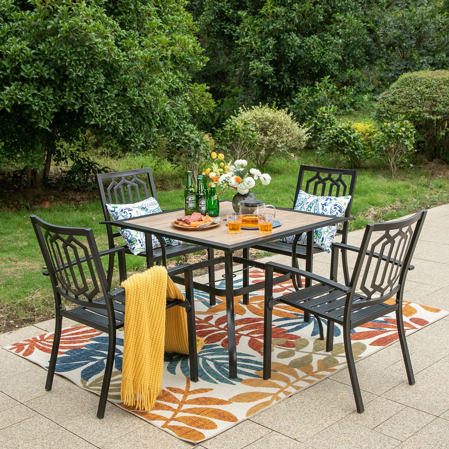 PHI VILLA Outdoor Dining Sets 4 Seater Metal Garden Table and Chairs