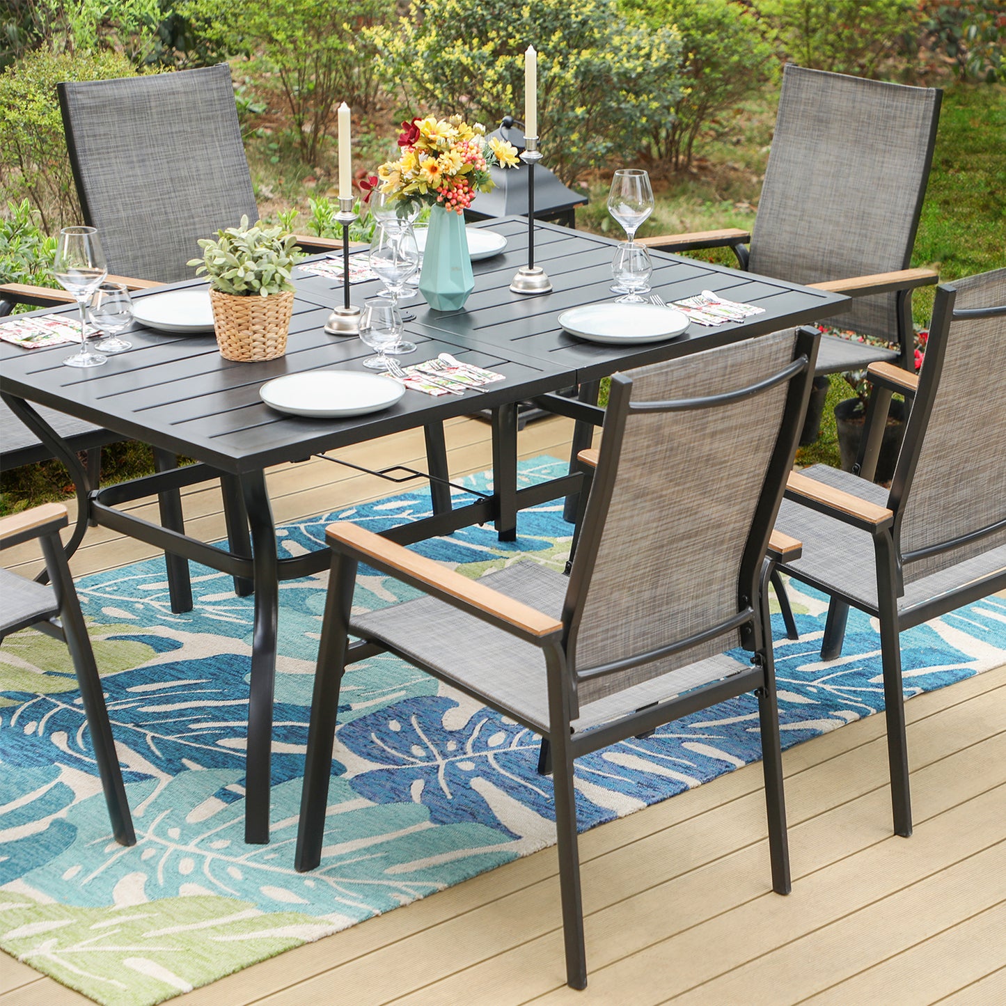 6 Seater Patio Set Metal Garden Table and Textilene Garden Chairs