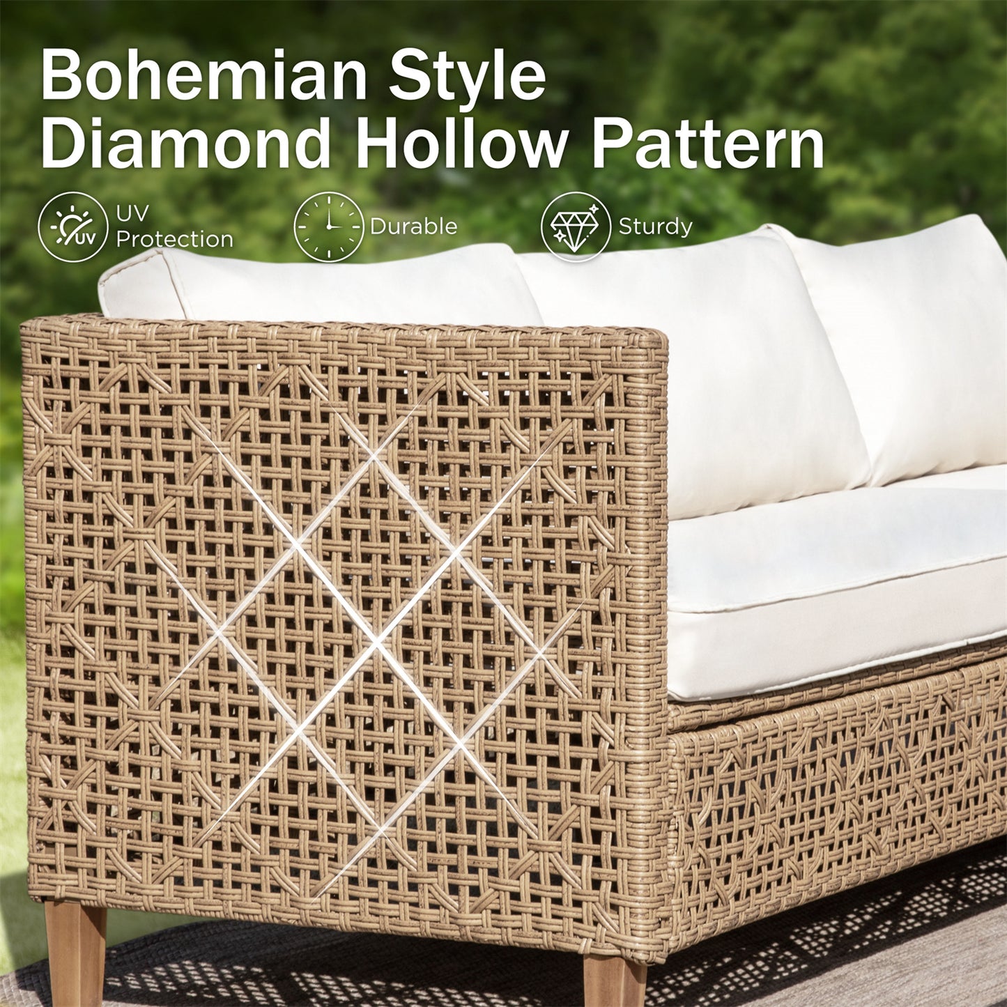 Boho Style Outdoor Wicker Conversation Sofa set with Acacia Wood Coffee Table - Phi Villa