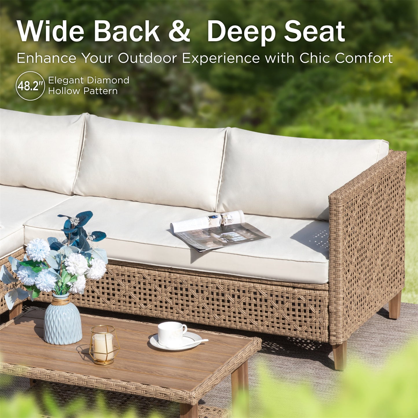 Boho Style Outdoor Wicker Conversation Sofa set with Acacia Wood Coffee Table - Phi Villa