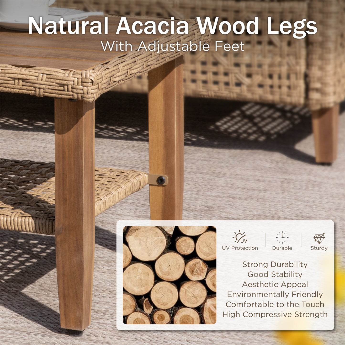 Boho Style Outdoor Wicker Conversation Sofa set with Acacia Wood Coffee Table - Phi Villa