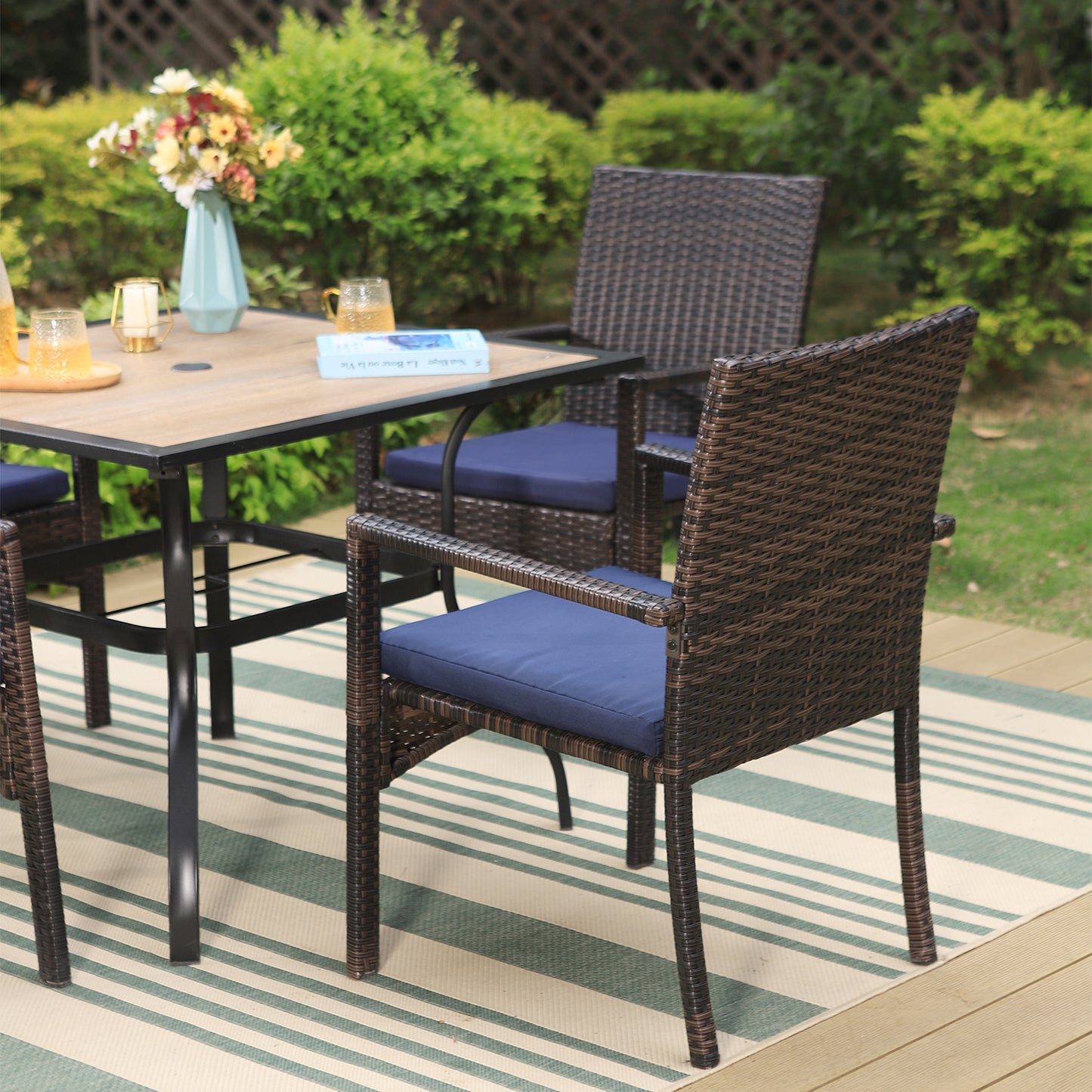 Garden Dining Set 4 Seater Wood-like Table And Rattan Chairs