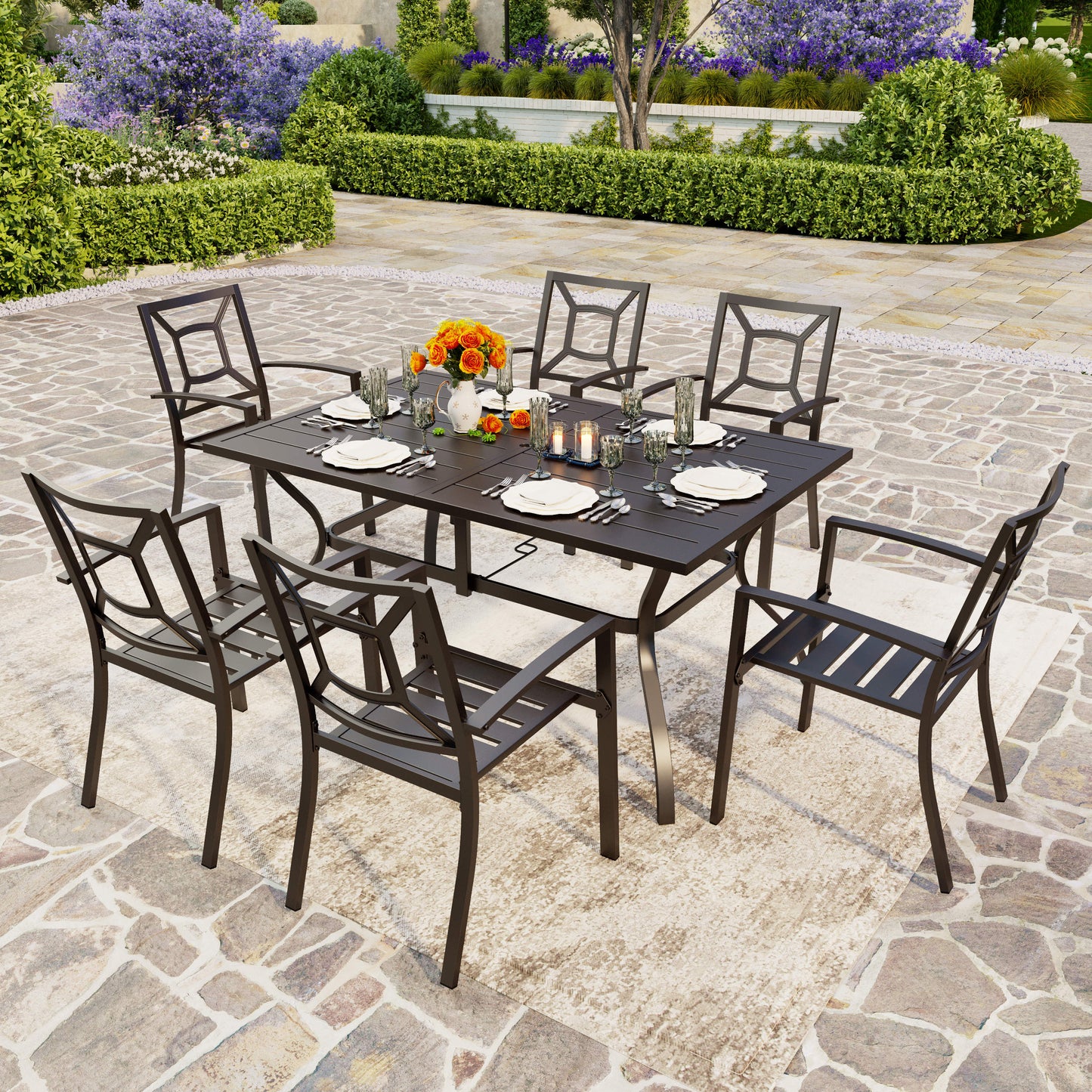 PHIVILLA Rectangle Patio Table and 6 Stackable Chairs 7-Piece Metal Outdoor Patio Dining Sets