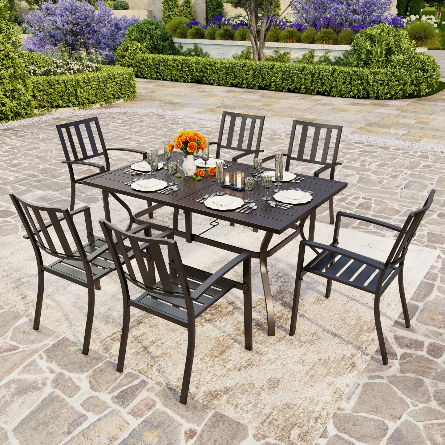 PHIVILLA Rectangle Patio Table and 6 Stackable Chairs 7-Piece Metal Outdoor Patio Dining Sets