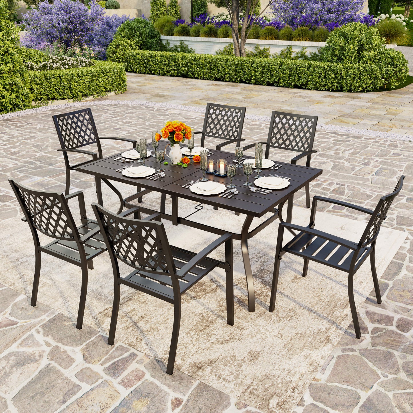 PHIVILLA Rectangle Patio Table and 6 Stackable Chairs 7-Piece Metal Outdoor Patio Dining Sets