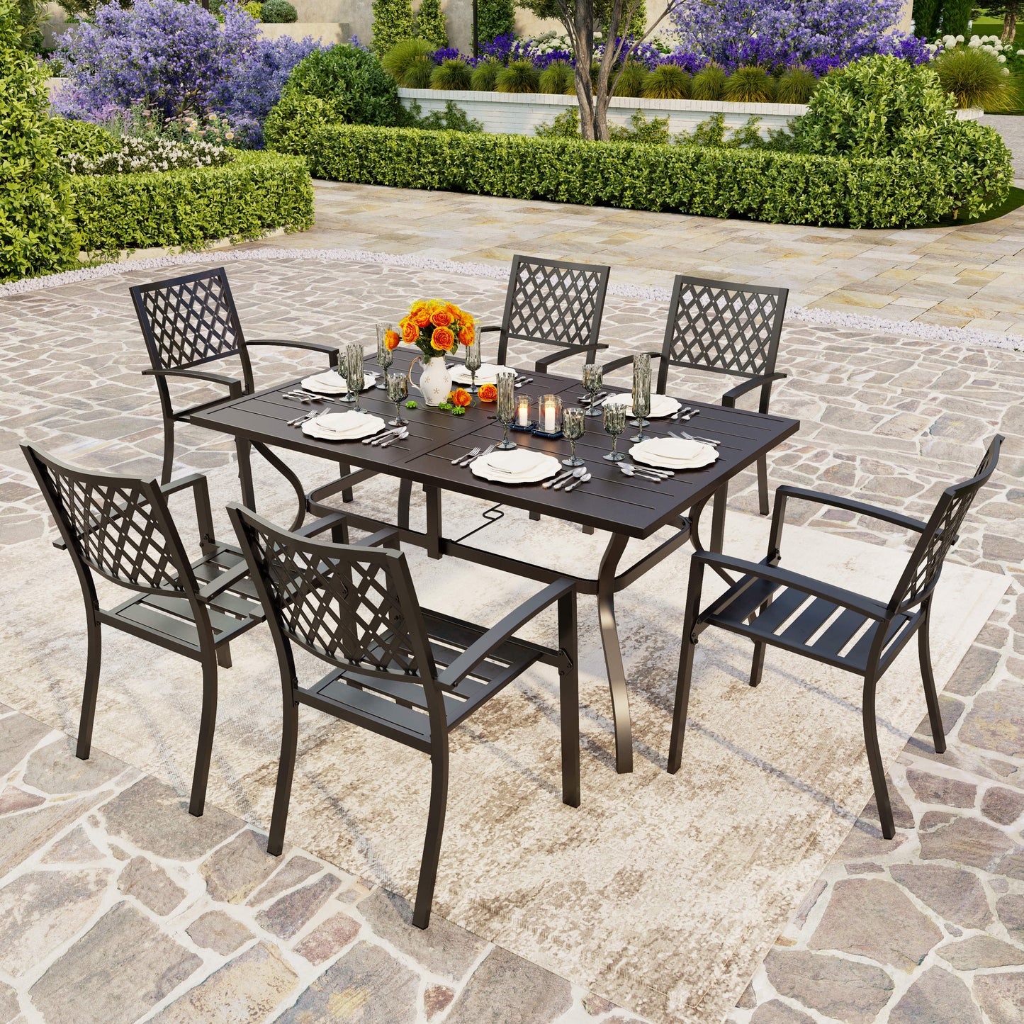 PHIVILLA Rectangle Patio Table and 6 Stackable Chairs 7-Piece Metal Outdoor Patio Dining Sets