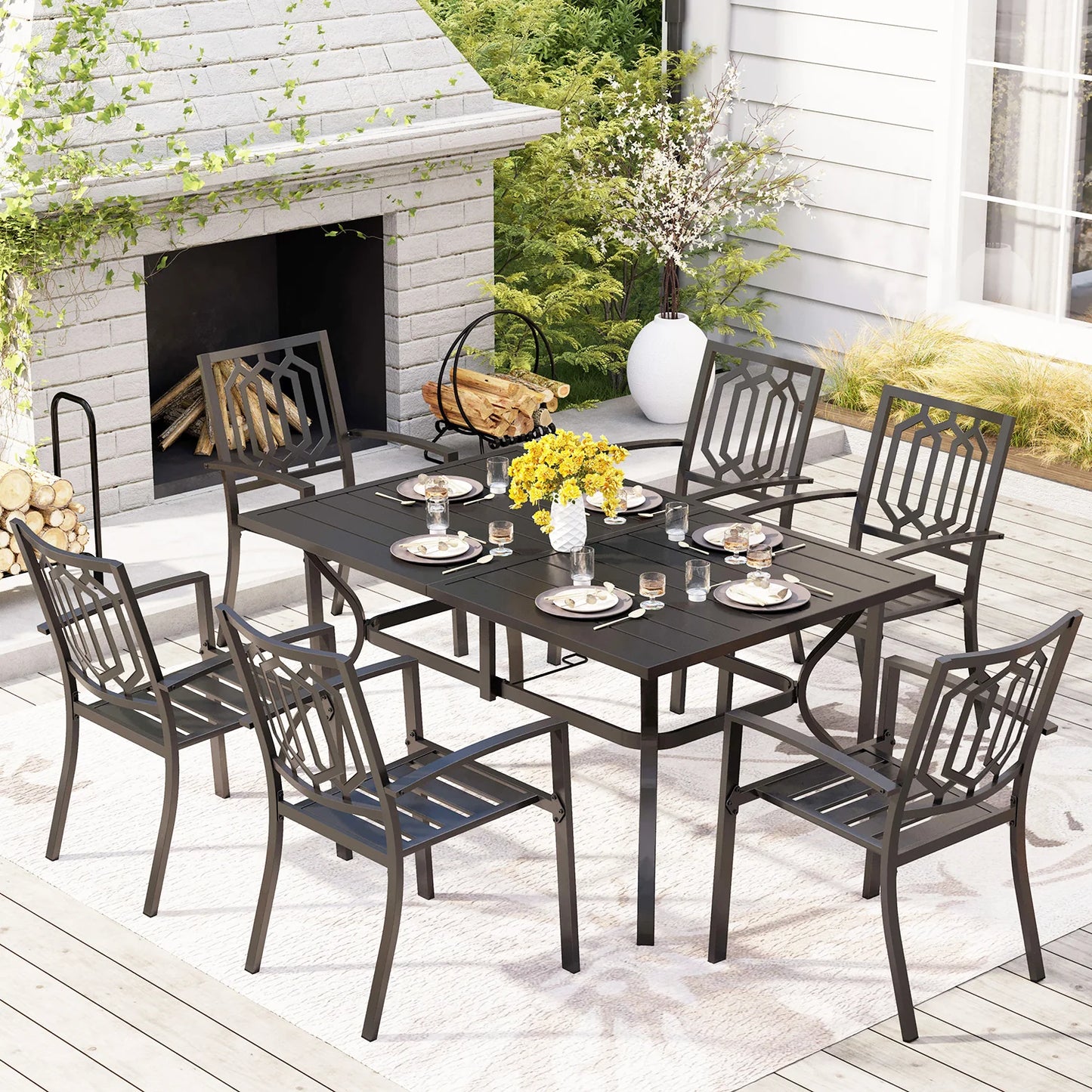 PHIVILLA Rectangle Patio Table and 6 Stackable Chairs 7-Piece Metal Outdoor Patio Dining Sets