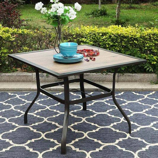 Wood-Look Outdoor Dining Table Square Patio Table With Umbrella Hole