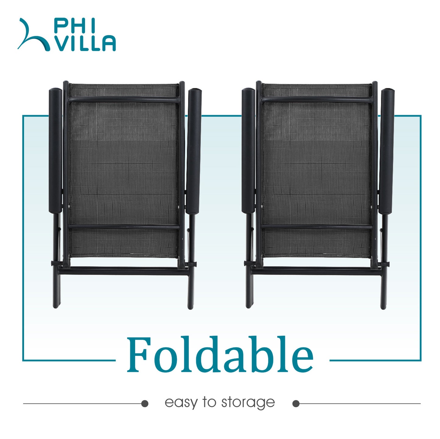 Phi Villa 3-Piece Garden Bistro Set Small Square Side Table & 2 Textilene Reclining Foldable Chairs