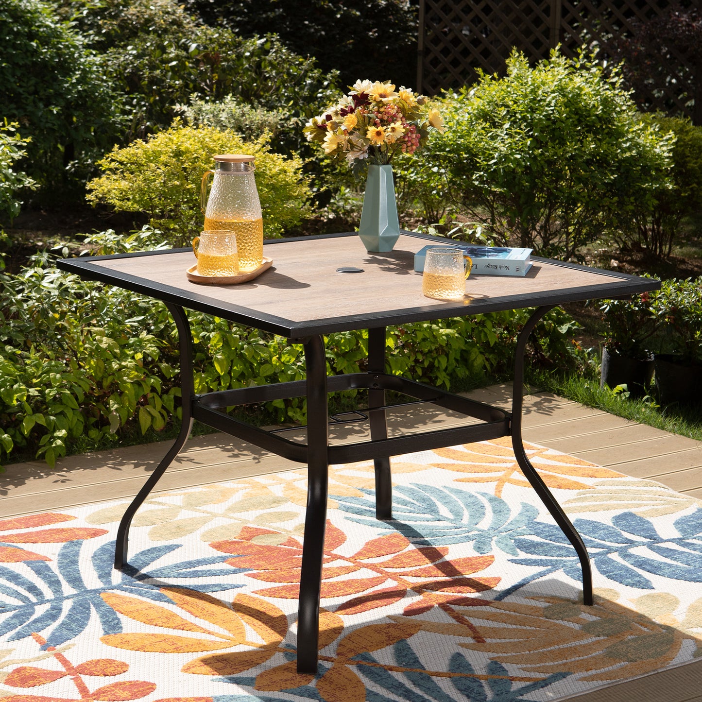 Garden Dining Set 4 Seater Wood-like Table And Rattan Chairs
