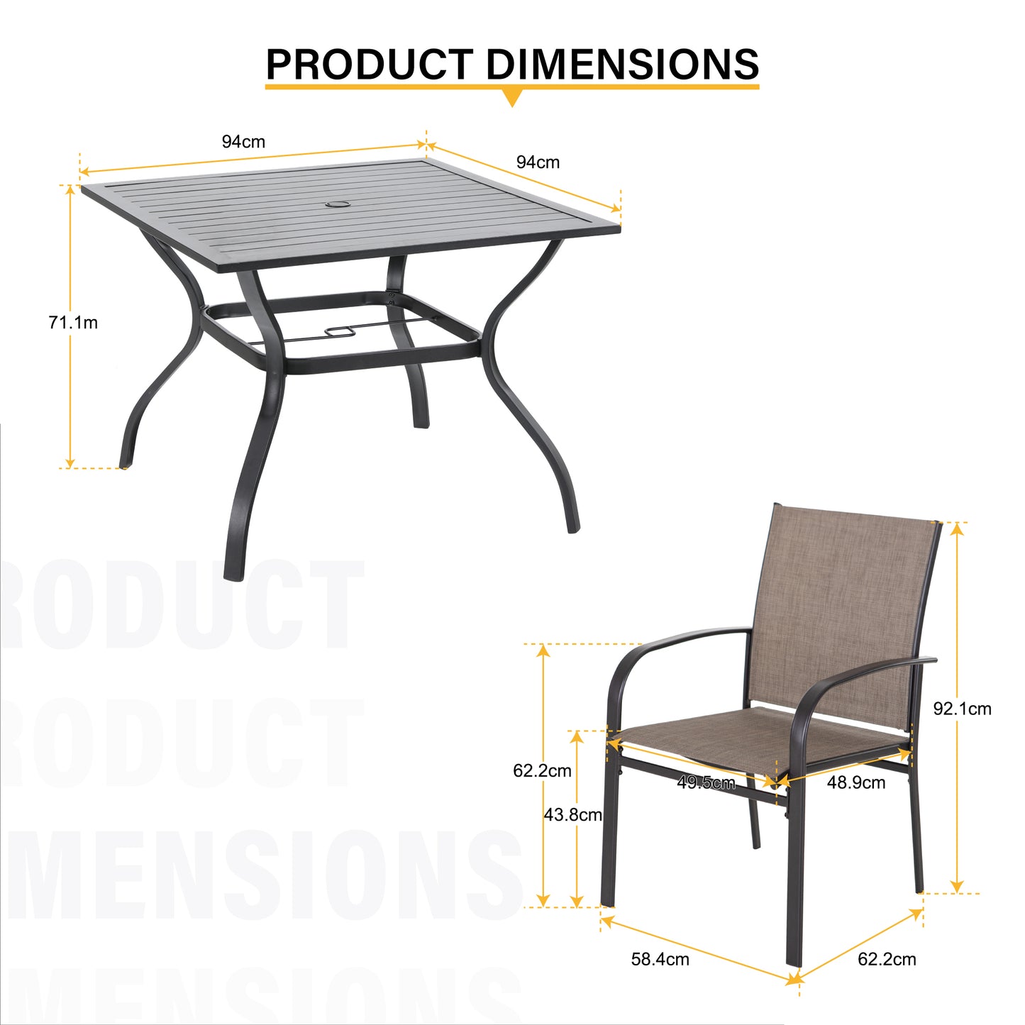 PHI VILLA Garden Dining Set 4 Seater Metal Table And Textilene Chair