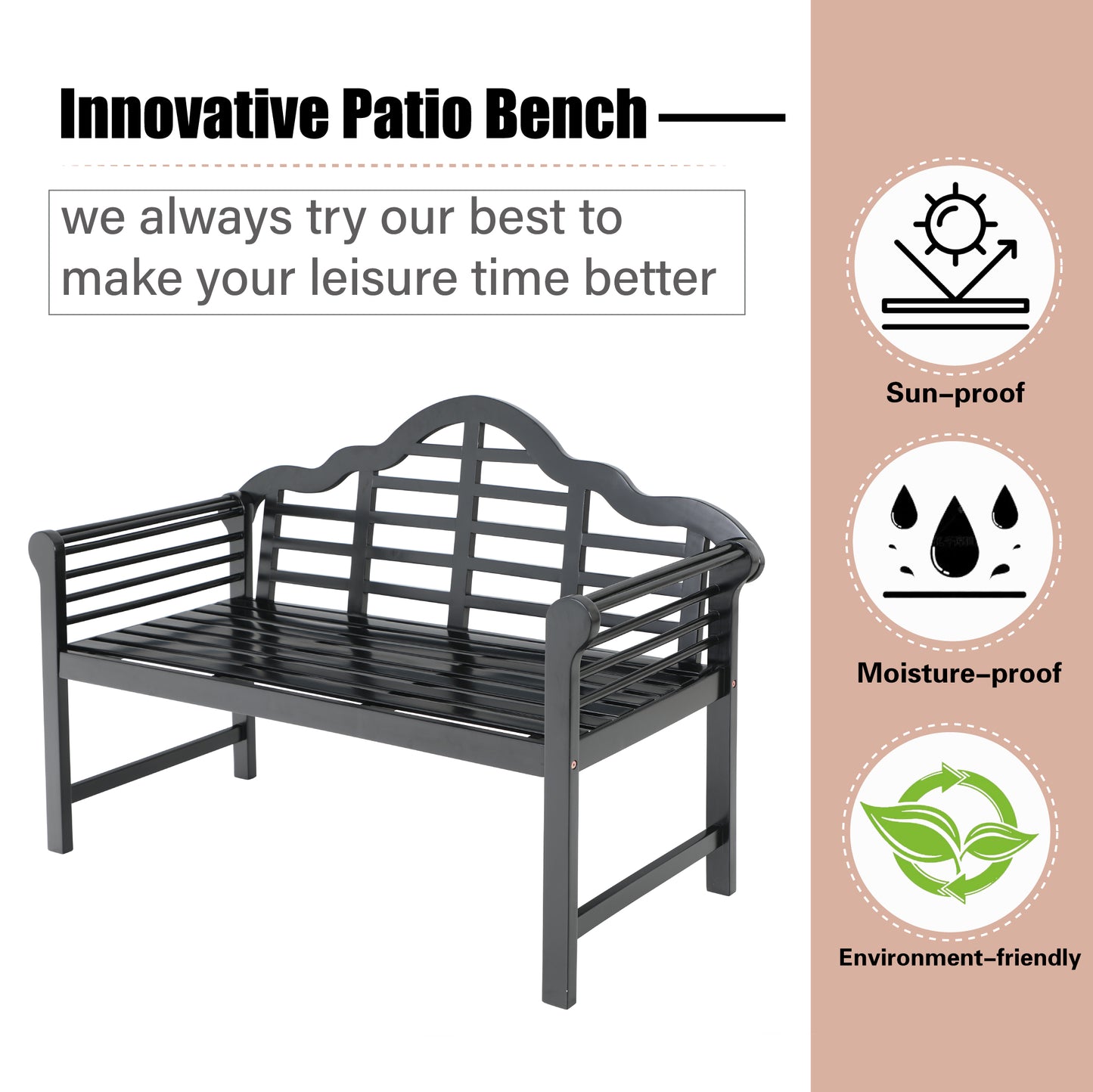 Patio Acacia Wood Bench with Backrest and Armrests