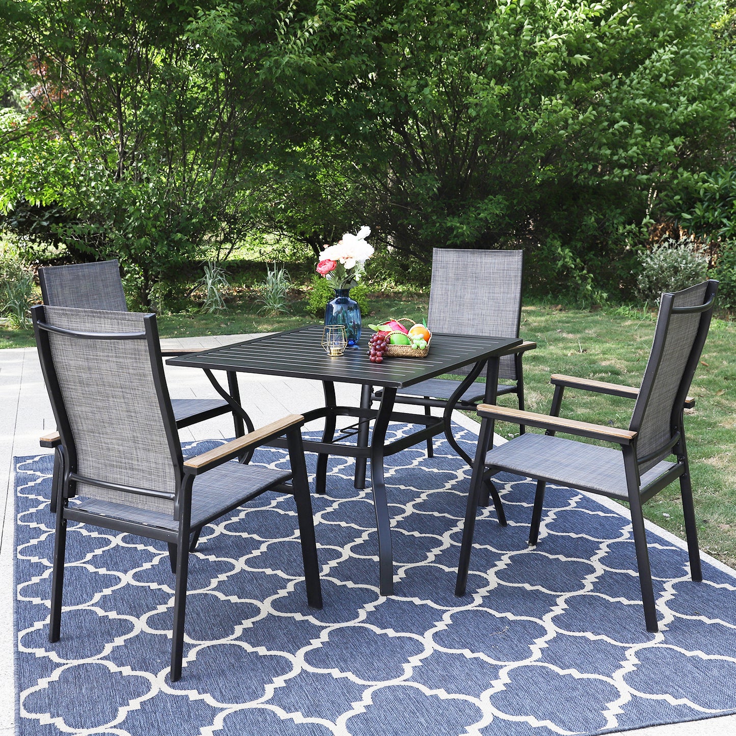 PHI VILLA Garden Dining Set 4 Seater Patio Table and Textilene Garden Chairs