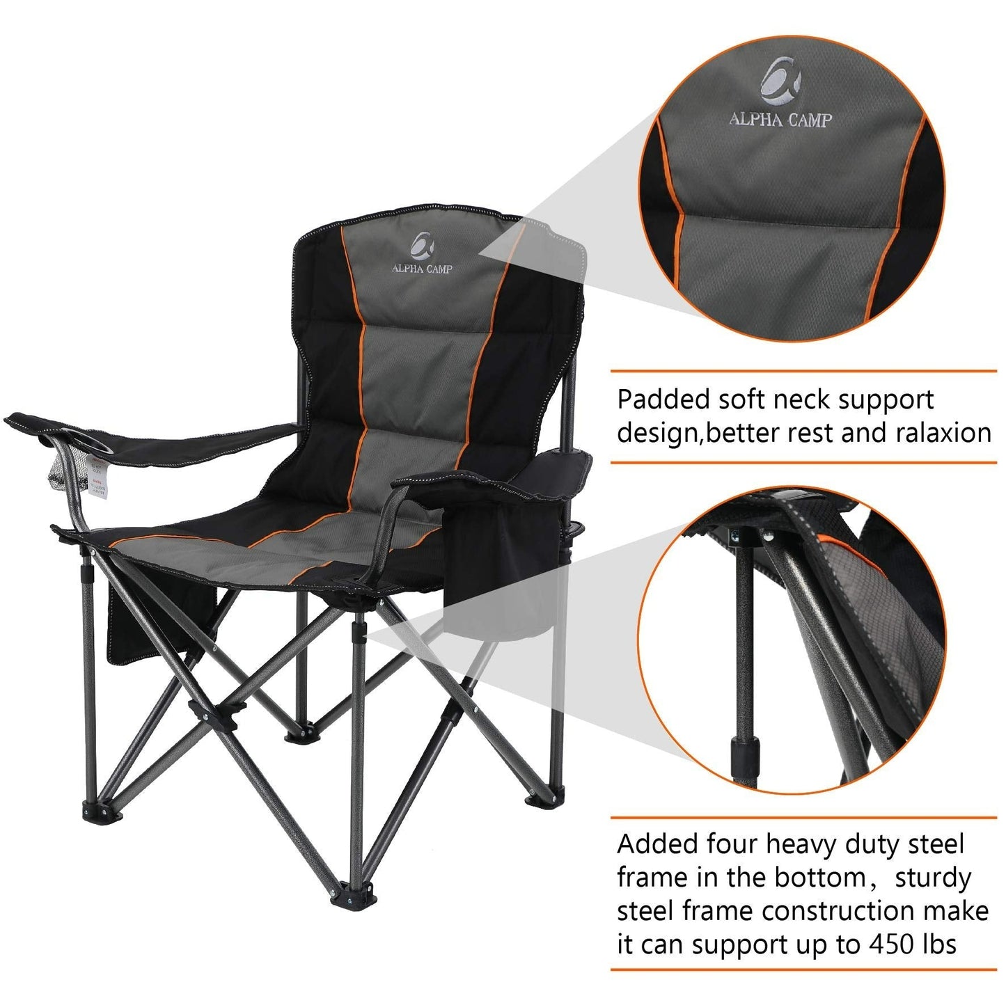 ALPHA CAMP Oversized Portable Folding Camping Chair with Cooler Bag, 200 kg Weight Capacity