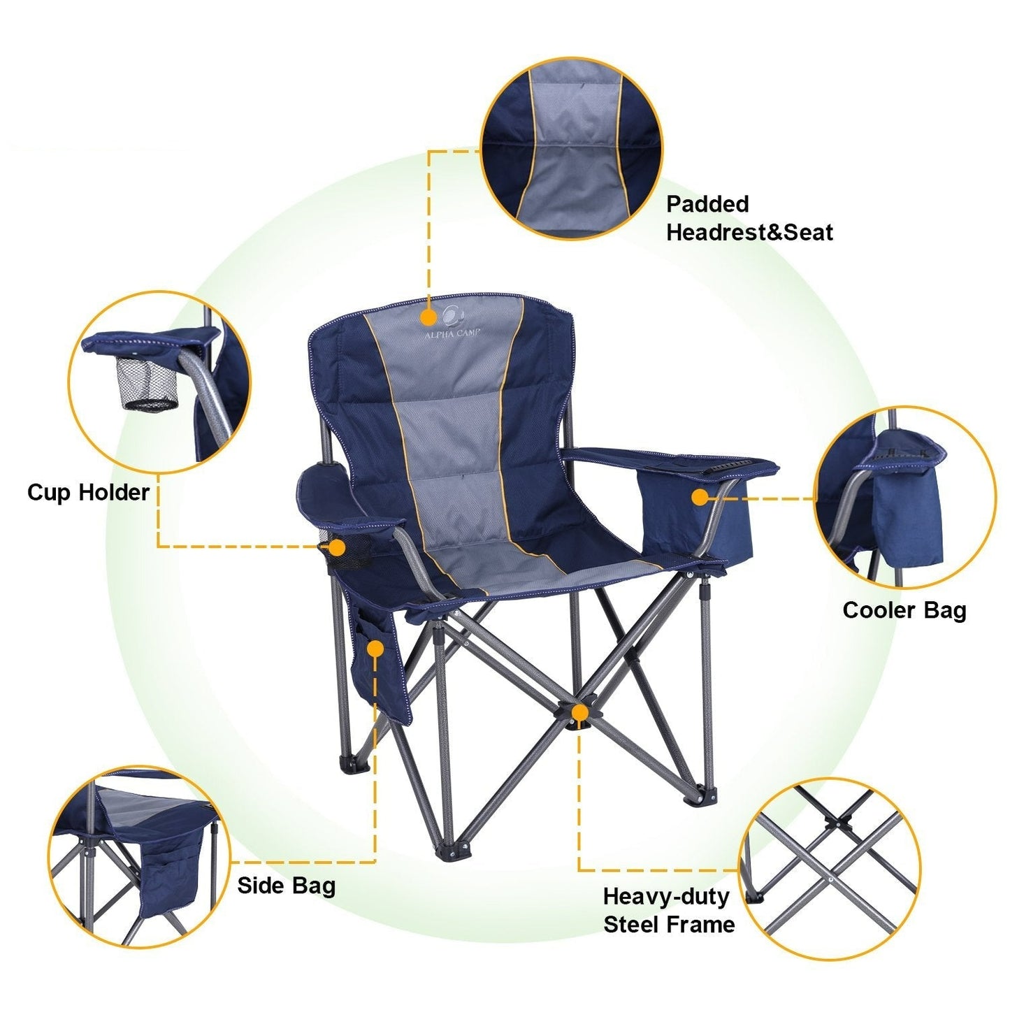 ALPHA CAMP Oversized Portable Folding Camping Chair with Cooler Bag, 200 kg Weight Capacity
