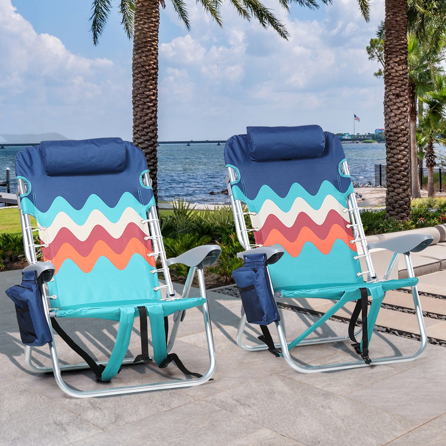 ALPHA CAMP Folding Beach Chairs Reclining Sun Lounger With Cooler Bag Set of 2