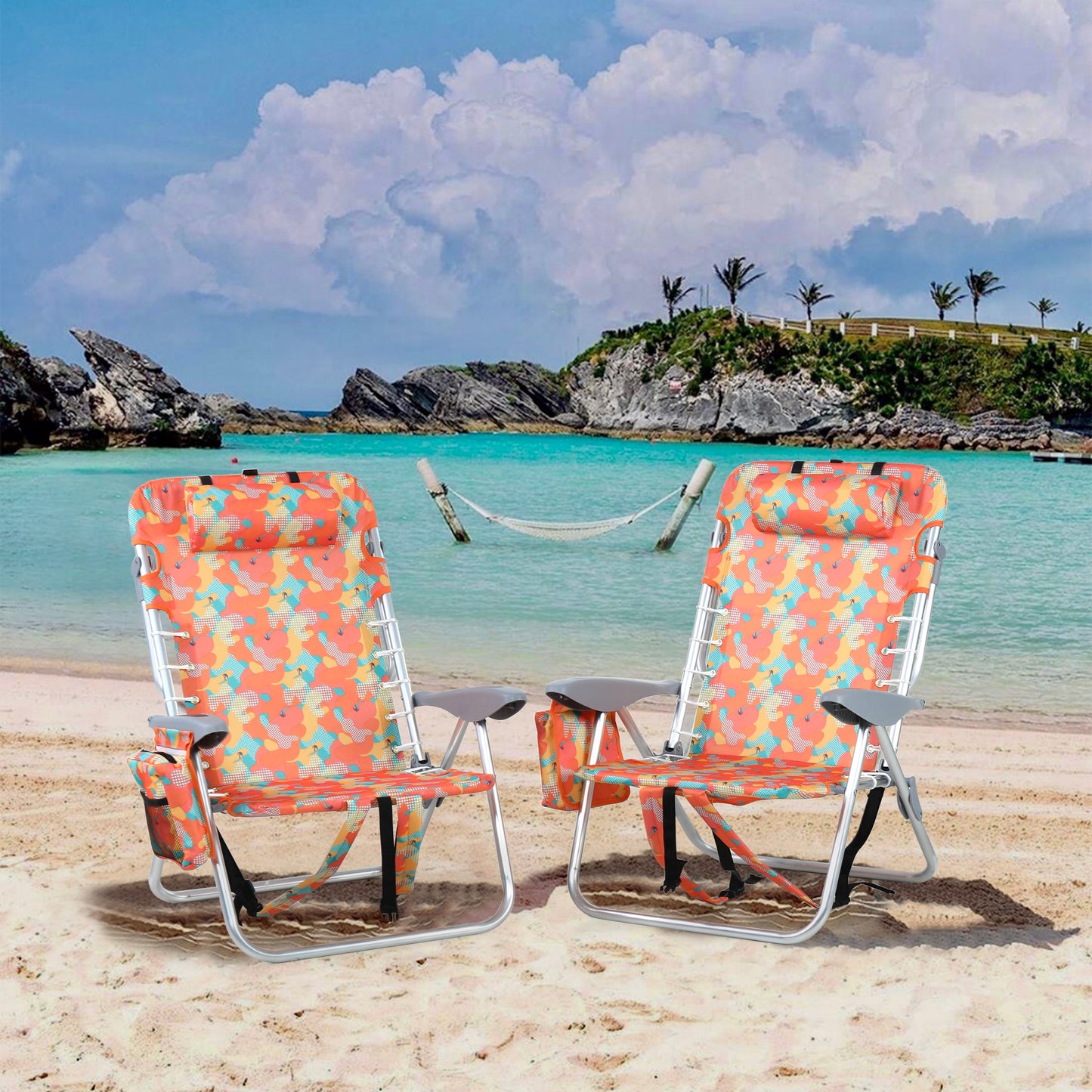 ALPHA CAMP Folding Beach Chairs Reclining Sun Lounger With Cooler Bag Set of 2