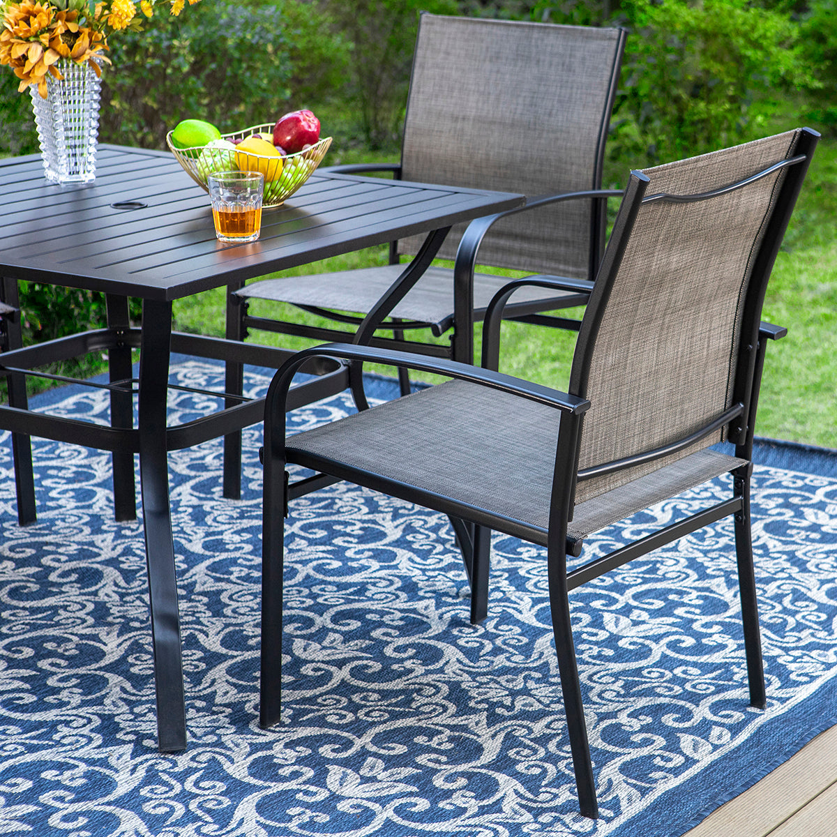 PHI VILLA Garden Dining Set 4 Seater Metal Table And Textilene Chair