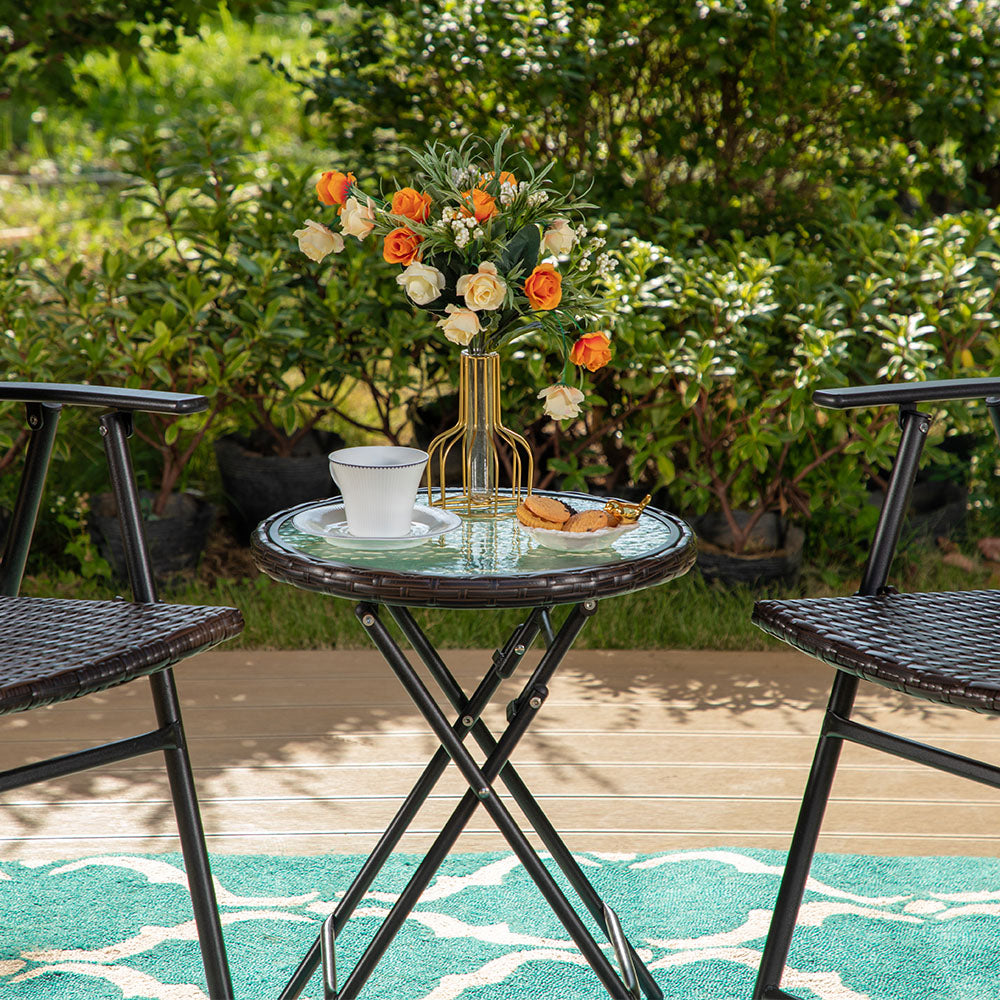 43 CM Round Rattan Side Tables Glass Outdoor Folding Table