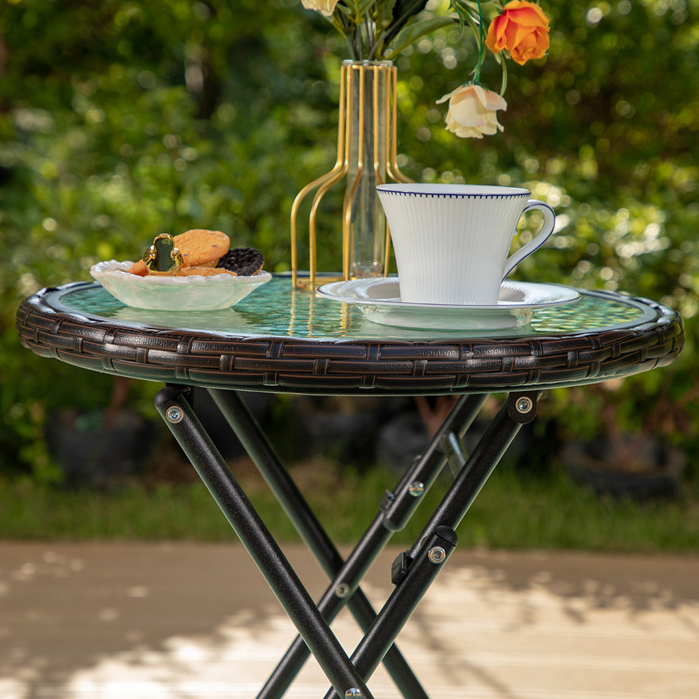 43 CM Round Rattan Side Tables Glass Outdoor Folding Table
