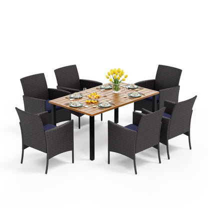 Garden Dining Set 6 Seater Teak-Grain Garden Table And Rattan Chairs