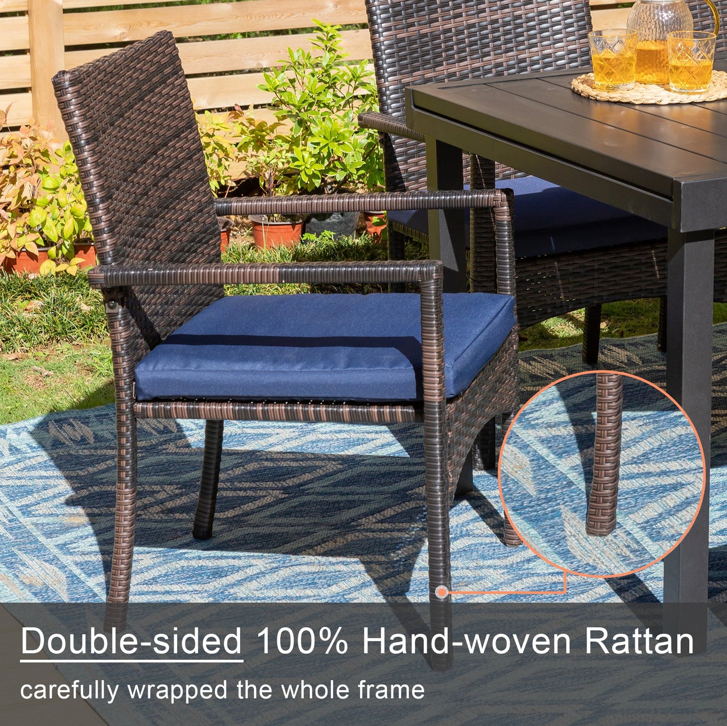 Garden Dining Set 4 Seater Wood-like Table And Rattan Chairs