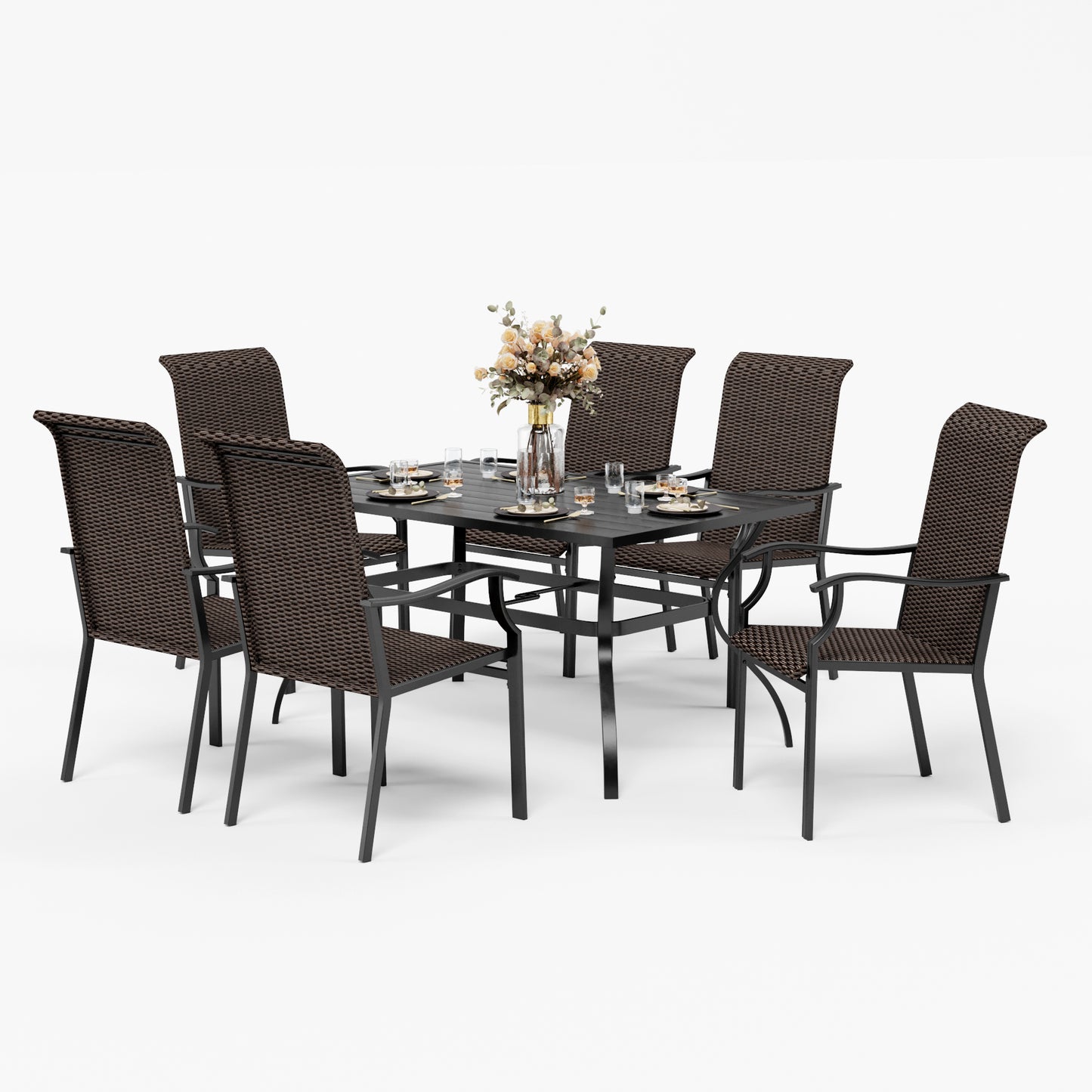 6 Seater Patio Set Metal Table and Outdoor Wicker Dining Chairs
