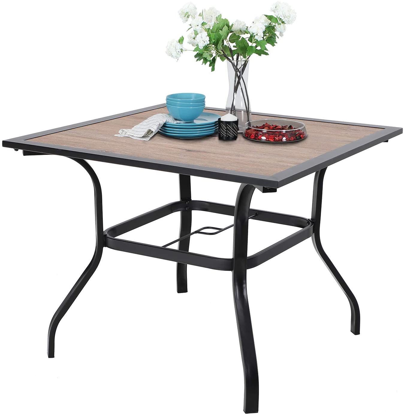 Wood-Look Outdoor Dining Table Square Patio Table With Umbrella Hole