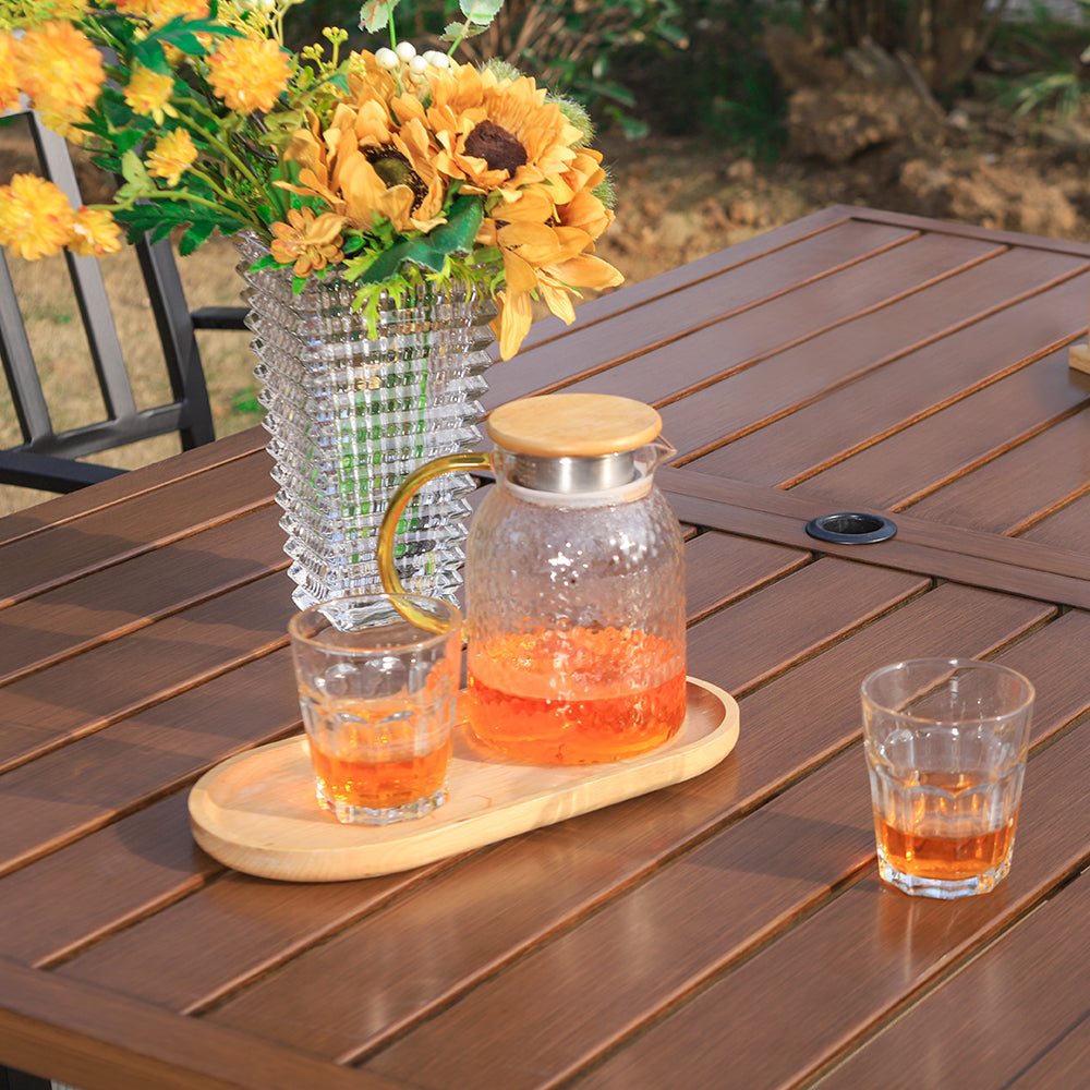 Teak-Grain Outdoor Garden Dining Table Metal Table with Umbrella Hole 6 Seaters